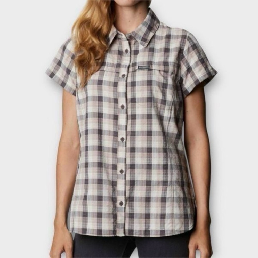 Columbia Omni-Shade Short Sleeve Button Front Hiking Blouse in Plaid SZ‎ S